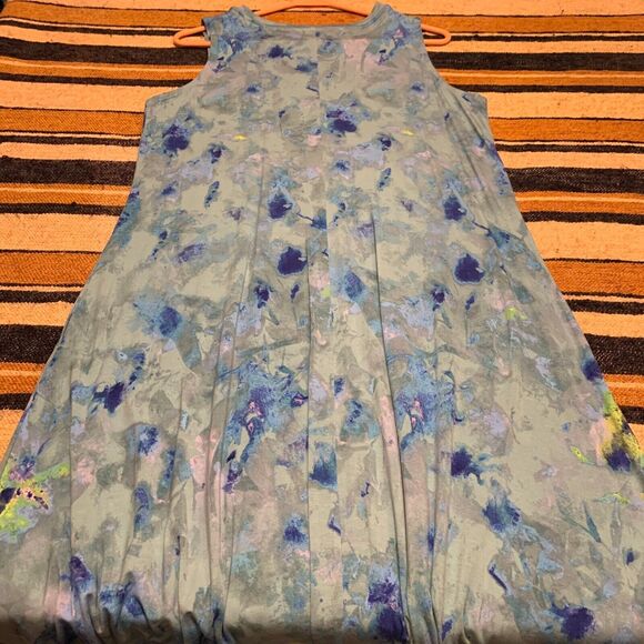 LOGO Maxi Dress Blue watercolor Handkerchief Hem Medium Artsy Flowy Costal Beach - Picture 4 of 6
